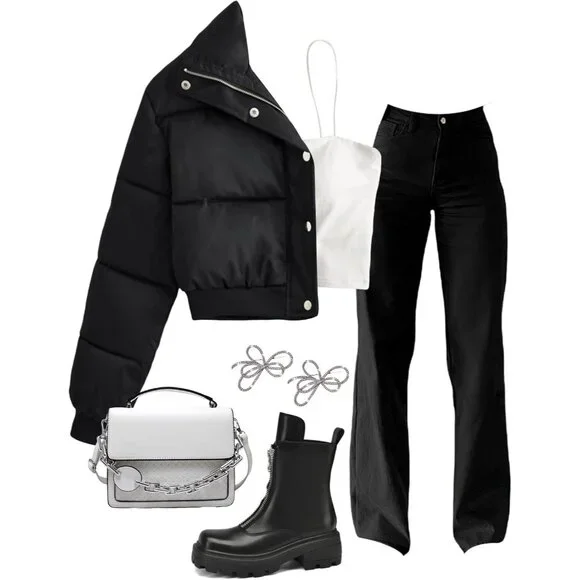 〽️Women's Black Gihuo Cropped Puffer Warm Winter Padded Bubble Jacket